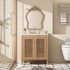 a white toilet sitting next to a wooden sink vanity in a bathroom under a mirror