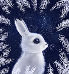 a painting of a white rabbit surrounded by snowflakes and pine needles in the night sky