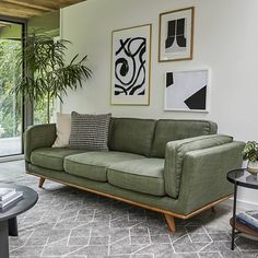 a living room with green couches and pictures on the wall above them in front of a glass door