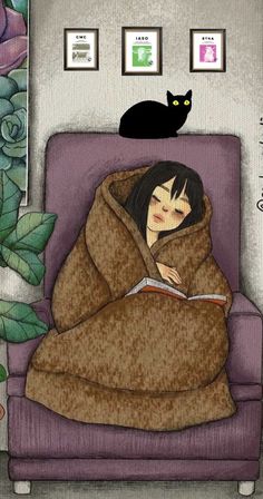 a drawing of a woman wrapped in a blanket with a black cat sitting on top of her