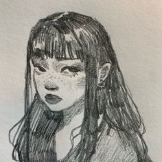 a pencil drawing of a girl with long hair and bangs, looking to the side