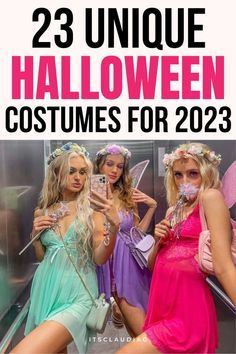 three women dressed up in costumes for the costume contest, with text that reads 23 unique halloween costumes for 2013