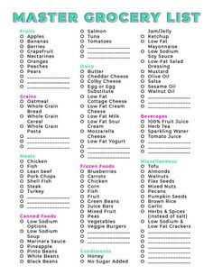 a printable grocery list with the words,'master grocery list'on it