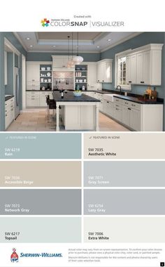 the color scheme for this kitchen is light blue and has white cabinets, gray countertops,