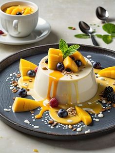 a dessert with fruit and nuts is on a plate next to a cup of coffee