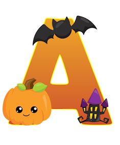 the letter a is made up of pumpkins, bats and other items for halloween