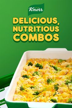 broccoli and cheese casserole in a green dish with the words delicious, nutritious, combos written on it