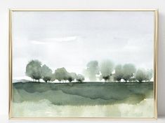 watercolor painting of trees in the distance with green grass and blue sky behind it