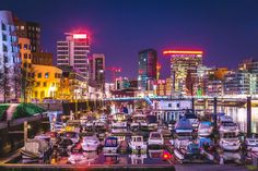 a harbor filled with lots of small boats next to tall buildings at night in the city