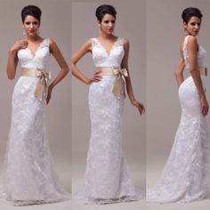 three different views of a woman wearing a wedding dress with bows on the waist and back