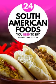 three hot dogs in buns with shredded cheese on top and the words south american foods you need to try