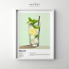 a framed poster with a mojito drink in it's glass on the wall