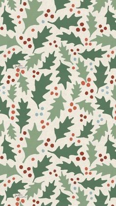 a green and white christmas tree pattern with red berries on the branches, in front of an off - white background