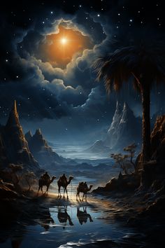 two people riding camels across a desert at night