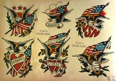 an old school tattoo flash sheet with american flags and eagle tattoos on it's sides