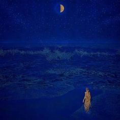 a painting of a person standing in the ocean at night with a half moon above them