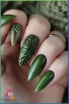 Embrace the essence of nature with these forest green nail designs, featuring a stunning leafy texture on a matte background. The intricate vein details provide a lifelike representation of nature’s splendor, ideal for fun spring nails. Uncover more natural designs at NailHow.com. Lunar Moth Nail Art, Leaf Pattern Nails, Poison Ivy Nails Designs, Forest Nails, Virgo Nails, Virgo Goddess, Matte Background