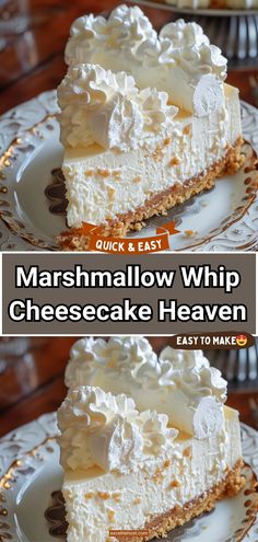 two slices of marshmallow whip cheesecake on plates with text overlay that reads quick and easy