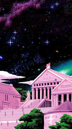 an artistic painting of the acrobatic building in pink and white with stars above it