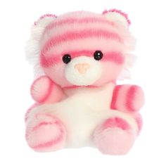 a pink and white teddy bear with stripes on it's chest, sitting upright