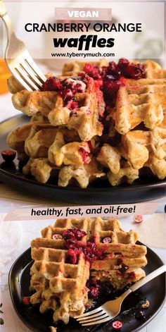 the recipe for cranberry orange waffles is shown on a black plate