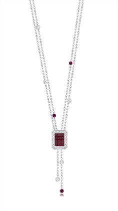 (English) Emerald Pendant of rubies and diamonds by Stenzhorn Jewelers (=) Long Diamond Necklace, Rubies And Diamonds, Diamond Chain Necklace, The Bling Ring, Diamond Shape Earrings, Fancy Necklace, Diamond Jewelry Designs, Neck Jewellery, Blue Sparkles