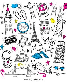 a drawing of the famous landmarks in europe