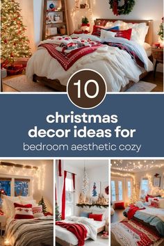 christmas bedroom decor with red and white decorations on the bed, lights in the windows and trees