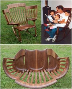 two pictures of people sitting in wooden chairs and one has a child on the chair