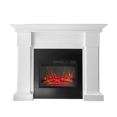 an electric fireplace with red flames on the side and white mantles, against a white background