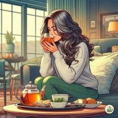 a woman sitting on a couch drinking tea