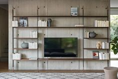 a living room with bookshelves and a flat screen tv on the wall next to a potted plant