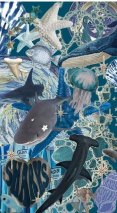 an artistic painting with many different types of animals and sea creatures in blue, green, white