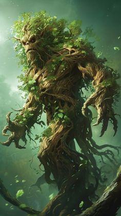 an illustration of a giant tree with vines growing out of it