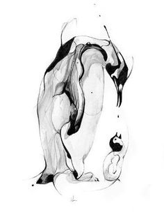 a black and white drawing of a penguin with its baby in it's belly