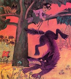 an illustration of a boy on a tree with a dog in the air above him