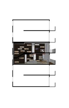 an architectural drawing of a room with shelves and cabinets in the center, along with other rooms