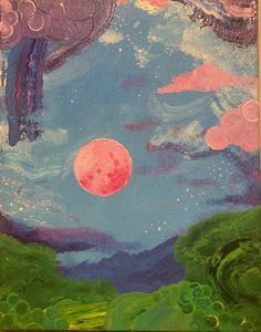 a painting with clouds, trees and a red moon in the sky