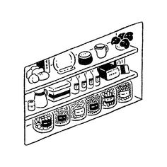 a black and white drawing of an oven with sushi on the shelf in it