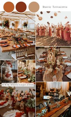 a collage of photos showing different types of tables and chairs with flowers on them