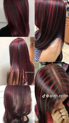 in love Black W Red Highlights, Colours To Dye Dark Brown Hair, Red Skunk Hair Brown, Chunk Red Highlights, Chunky Highlights Burgundy, Red N Brown Hair, 90s Skunk Hair, How To Do Red Highlights At Home, Hairdye Ideas Long Hair