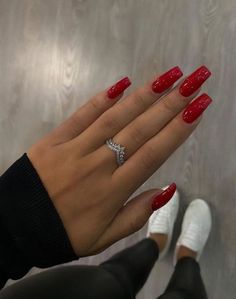 Long Red Nails, Red Nails Glitter, Red Acrylic Nails, Homecoming Nails, Square Acrylic Nails, Classy Nails, Pretty Acrylic Nails, Chic Nails, Valentines Nails