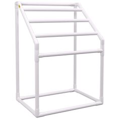 a white plastic shelf with two shelves on each side and one in the middle, against a white background