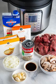 ingredients to make instant pot roast in front of an electric pressure cooker