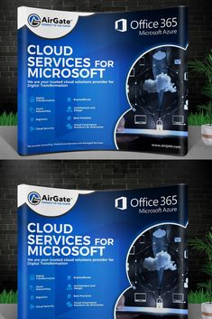 two banners for the microsoft office 3655 cloud services service, one in blue and one in white