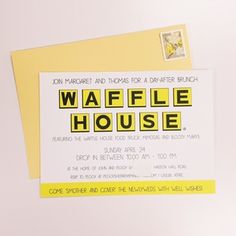 a yellow and white card with the words waffle house on it