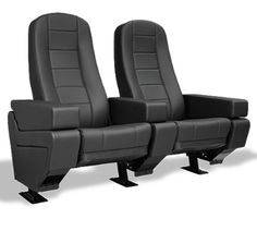 two black leather seats sitting next to each other on top of a white background,