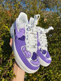 Purple smile custom hand painted Air Force 1s Purple Nike Air Force, Custom Air Jordans, Purple Airforce 1, Aesthetic Custom Shoes, Air Forces Design, Cute Air Force 1 Customs, Simple Custom Air Force 1, Custom Purple Air Force 1, Colored Air Force 1s