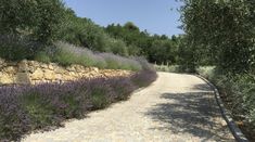 a stone path with purple flowers and trees