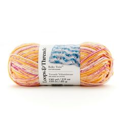 Add a bright twist to your knit and crochet projects with this unique yarn. This soft, bulky cotton blend yarn features a multicolor striping pattern, perfect for creating blankets, accessories and wearables.Weight: Bulky (5)Contents: 50% cotton, 50% acrylicSkein Weight: 2.9 oz. / 85 gYardage: 130 yd. /119 mKnitting Gauge:12 sts x 15 rows = 4" (10 cm)Suggested Knitting Needle: 6.5mm, US 10Suggested Crochet Hook: 6.5mm, US K/10.5 Color: Yellow. Crochet Patterns Blanket, Loops And Threads Yarn, Unique Yarn, Crochet With Cotton Yarn, Crochet Weaves, Knitting Gauge, Color Crafts, Knitting Needle, Yarn Ball